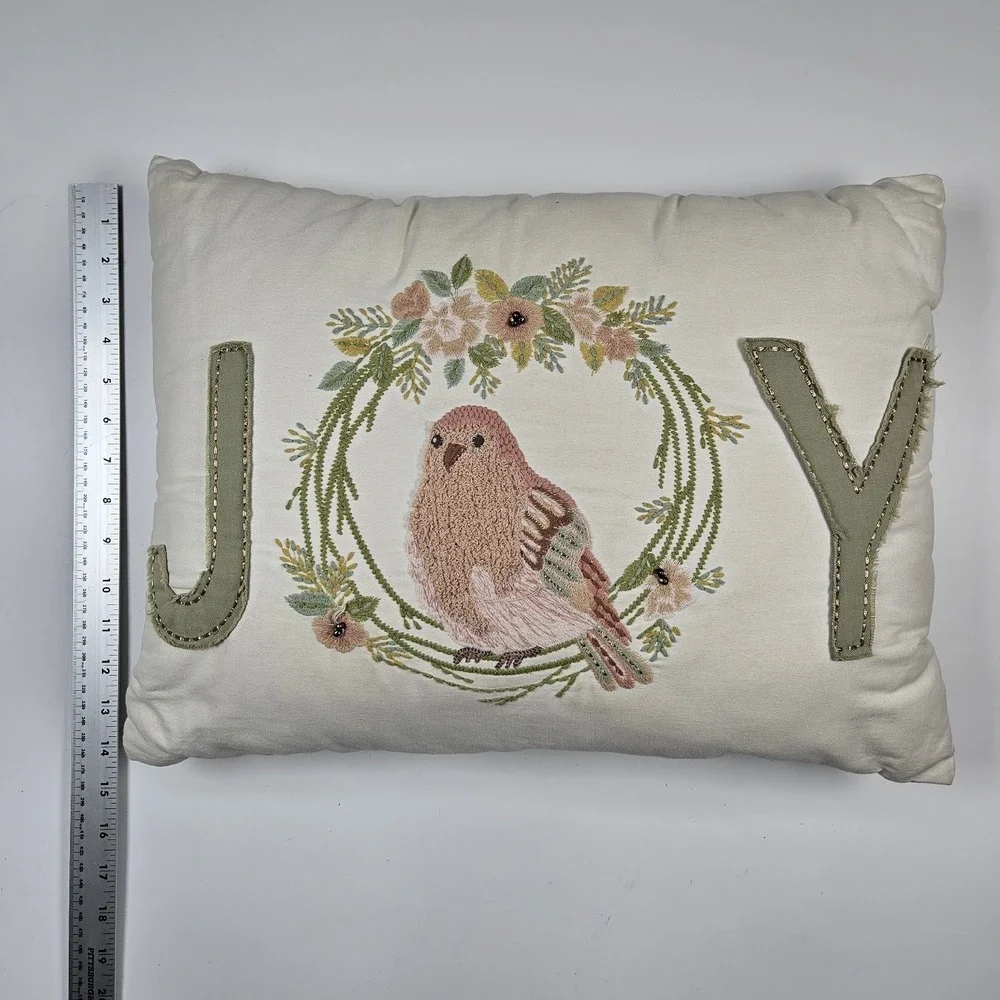 Pier 1‎ Imports Cushion Cover Pillow Embroidered JOY Pink Bird Zipper Christmas